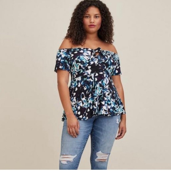 Torrid Super Soft Knit Floral Babydoll Top Plus Size 6X Blue Off Shoulder - Picture 4 of 13